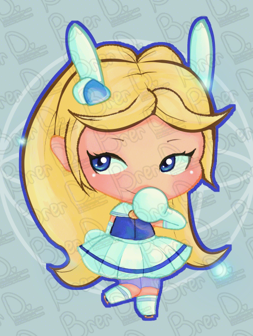A chibi-style blonde girl with blue bunny ears, a blue and white dress, and blue shoes stands with a shy expression, one hand touching her mouth, on a light blue background with faint watermark text.