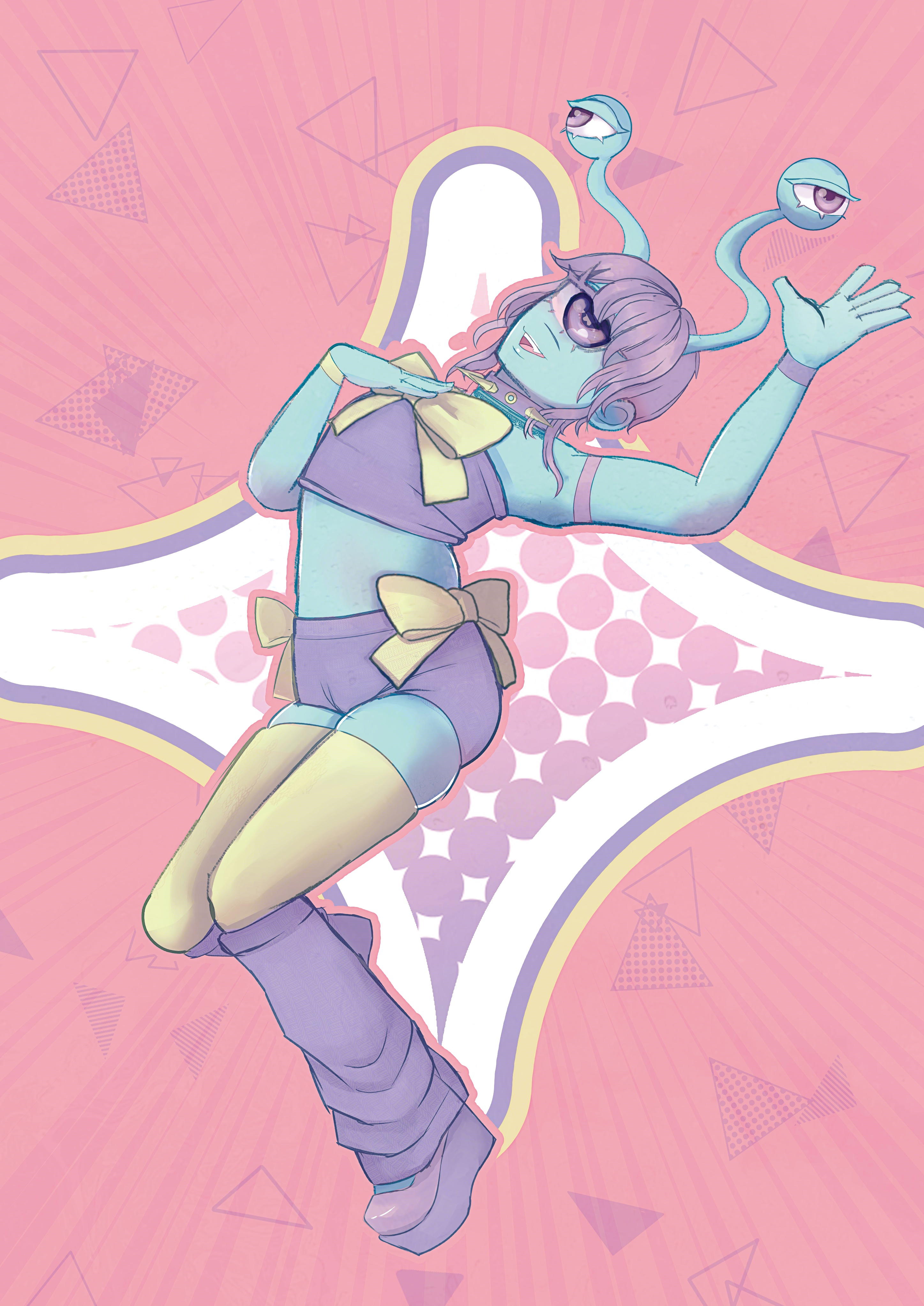 A stylized illustration of a pastel blue-colored feminine alien boy with two eye stalks, purple hair, and a purple outfit with yellow bows. He poses dynamically on a pink geometric background with white starburst accents.